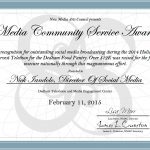 New Media Arts Council, Media Community Service Award to Nick Iandolo for social media coverage of the 2014 Holiday Harvest Telethon on Dedham Television.