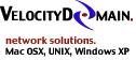 VelocityDomain Network Solutions (VDNS) logo with technical tag, created by Nick Iandolo and Susan Howland with Adobe Illustrator.
